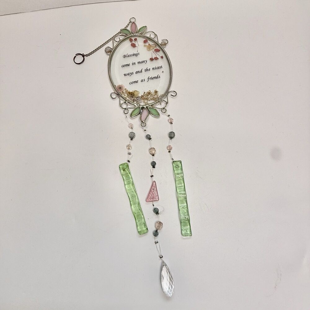 Handmade Dried Flower Friendship Quote Stained Glass Suncatcher Wind Chime